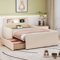 cama tapizada de 90 x 200 cm con 1 cajon luz nocturna y toma usb - polipiel - beige sin colchon