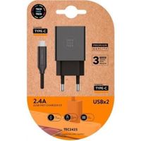 cargador de pared tech one tech tec2423 2xusb 24a con cable usb tipo-c negro