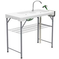 outsunny mesa plegable para camping con 2 fregaderos manguera de drenaje estacion de limpieza y grifo blanco