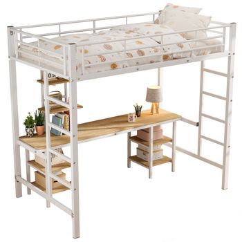 Cama Alta Con Escritorio Y Estantes, Litera Metálica Blanca 90x200, Estructura De Hierro Con Barrera