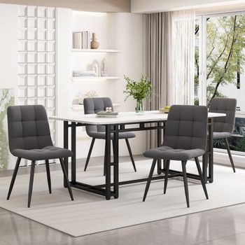 Mesa De Comedor Con Diseño De Mármol - Mdf + Patas De Metal Negro - Blanco
