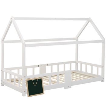 Cama Infantil Casa 90x200 Cm, Cama De Madera De Pino Blanco Para Niños Con Mesa De Pizarra, Respaldo De Lamas Y Protector Contra Caídas, Madera Natural, Fácil De Instalar, Sin Colchón, 120 Kg Máx.