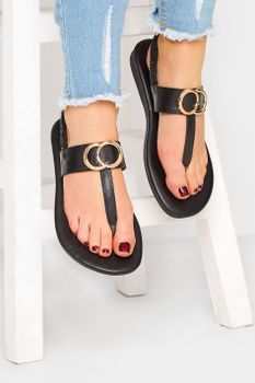 Limited Collection Sandalia Plana Negra En T En Diferentes Anchos