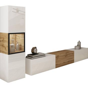 Conjunto De Muebles De Salón Berlin I, Juego De Muebles De Salón, Mueble De Tv, Sin Iluminación Led, Color Wotan/blanco Brillo