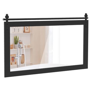 Costway Espejo Pared Estilo Granja 100x66cm Rectangular Puerta Granero Marco Madera Maciza Soporte Metal para Dormitorio Entrada Negro