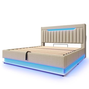 Cama Tapizada 160x200 Cm - Cama Doble - Cabecero Con Puertos Usb Y Tipo-c - Iluminación Led - Con Almacenamiento - Beige - Sin Colchón