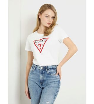 Guess para mujer. W1YI1BI3Z14 Camiseta logotipo triángulo blanco (S), Casual, Algodón, Manga corta