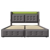 cama para adultos 140x200cm en tejido de lino con led y puertos de carga 4 cajones gris