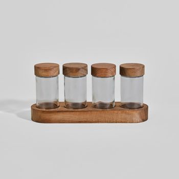 Soporte para especias de vidrio y madera de acacia