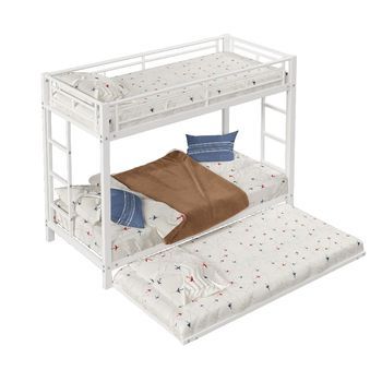Litera De Metal 90x200 Con Cama Nido Extraíble, Litera Infantil Blanca Estructura De Hierro, Barandillas Altas En747