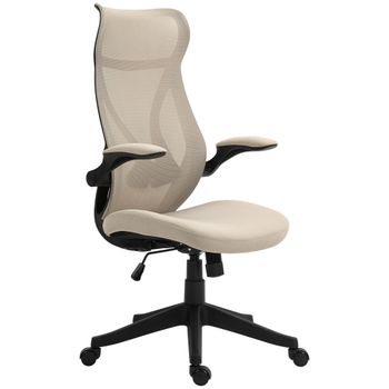 HOMCOM Silla de Oficina con Reposabrazos Abatibles, Altura Regulable y Respaldo Inclinable, Beige