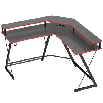 HOMCOM Escritorio Esquinero con Enchufes en Forma de L 128x128 cm con Soporte para Monitor Gancho y Portavasos Negro