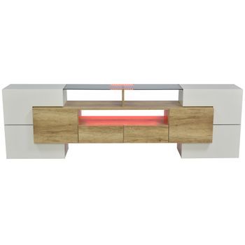Mueble Tv Blanco Brillo Y Madera De 200 Cm Con Iluminación Led Multicolor