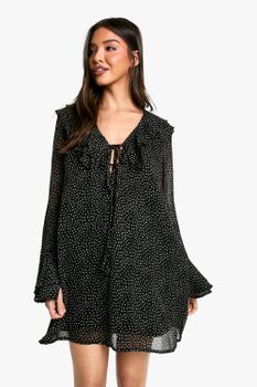 Vestido Mini Recto De Lunares Con Volante, Negro