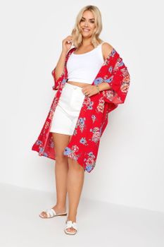 Yours Kimono Viscosa Rojo De Flores, Mujer Curvy Y Tallas Grandes, Yours