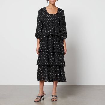 Ganni Logo-Print Pleated Georgette Midi Dress - EU 38/UK 10