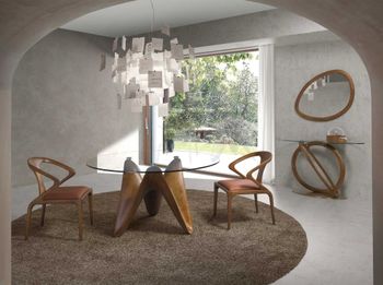 Mesa comedor redonda cristal templado y nogal,150 x 75