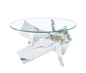 Mesa de centro redonda 79 cm - mdf+vidrio, patas efecto mármol blanco - transparente, blanco