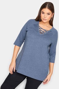 Yours Top Azul Jaspeado Con Cordón En Escote, Mujer Curvy Y Tallas Grandes, Yours
