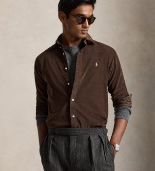Polo Ralph Lauren para hombre. 710853123503 Camisa de pana Custom Fit (S), Marrón, Casual, Algodón, Manga larga