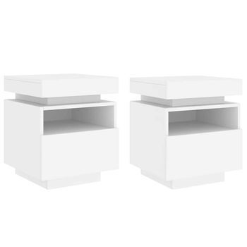 Pack 2 Uds Mesitas De Noche | Mesa Auxiliar | Mesilla Con Luces Led Blanco 40x39x48,5 Cm