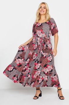 Yours Vestido Largo Negro Y Rosa De Flores, Mujer Curvy Y Tallas Grandes, Yours