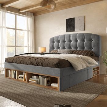 Cama Individual Tapizada 90x200 Gris Con Cajones, Almacenaje Y Cabecero Regulable