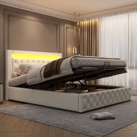 cama contenedor con cabecero - 140 x 200 cm - polipiel - led - somier de laminas - estilo moderno - blanco