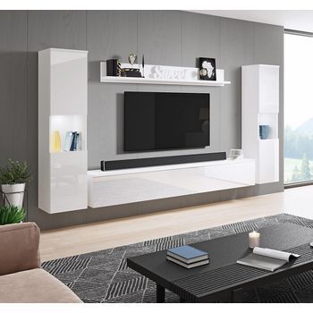 Conjunto De Muebles De Salón Paris Xl, Juego De Muebles De Salón, Mueble De Tv, Con Iluminación Led, Color Blanco/blanco Brillo