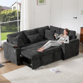 Sofá Cama Esquinero De 3 Plazas - 206,5 X 141,5 X 86 Cm - Con Portavasos Y Puerto Usb - Tejido Chenilla - Gris