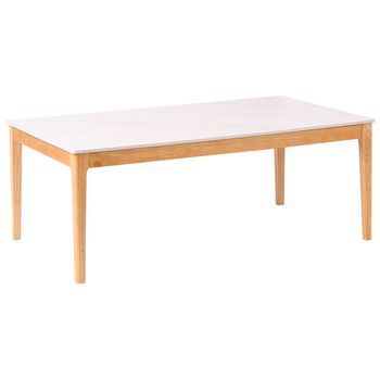 Mesa De Centro Moderna Con Tablero De Cerámica Efecto Mármol Estructura De Madera De Caucho Marrón Claro Rectangular Mármol Blanco Bonney