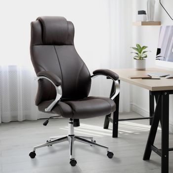 Silla de oficina giratoria regulable en cuero auténtico marrón