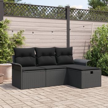 Conjunto De Sofá De Jardín De 4 Piezas Con Cojines Negro Poliratán V0554 Unico / Negro