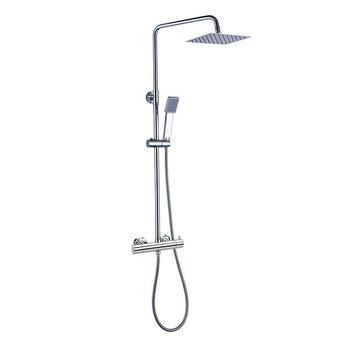 Kibath Columna De Ducha Extralarga Monomando Verara | Altura Regulable 100-150 Cm | Latón Macizo Cromo Brillo | Diseño Cuadrado Con Rociador Efecto Lluvia Y Alcachofa | Ideal Techos Altos