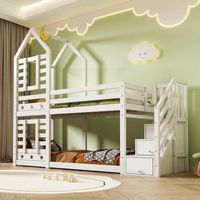 literas 2 x 90 x 200 cm con 3 cajones y escalera - madera maciza y mdf - 2 somieres de laminas - blanco