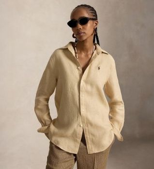 Polo Ralph Lauren para mujer. 211970730520 Camisa de lino Classic Fit beige (M), Casual, Manga larga