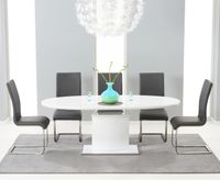 santana 160cm white high gloss extending pedestal dining table with malaga chairs
