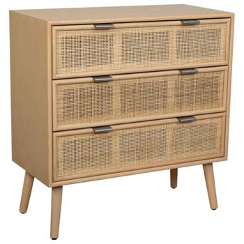 Cómoda de mdf y rattan 3 cajones marrón 75x35x78h cm