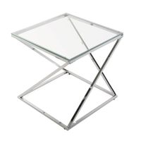 mesa auxiliar moderna en cristal y metal plateado