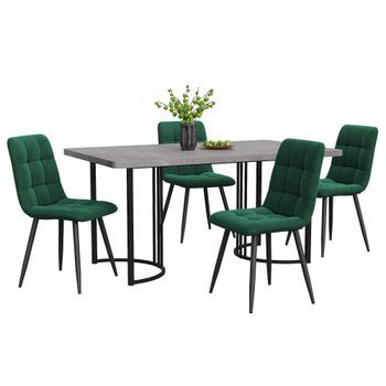 Juego De Comedor 5 Piezas, Mesa De Cocina 140x80 Cm Con 4 Sillas, Patas De Metal, Mdf Mármol Gris Y Terciopelo Verde.