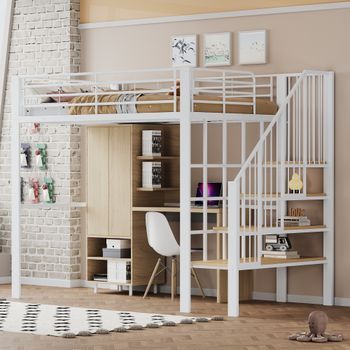 Cama Alta 140 X 200 Cm Con Estructura Metálica, Escalera Y Almacenamiento Inferior