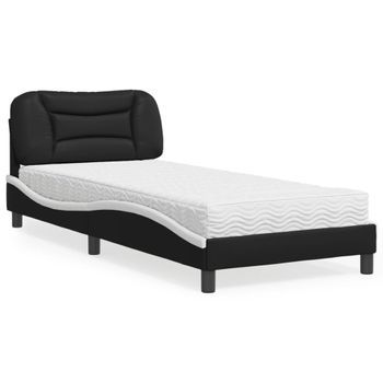 Cama Individual | Cama Para Adultos | Cama Con Colchón Cuero Sintético Negro Y Blanco 90x190 Cm Cfw16187