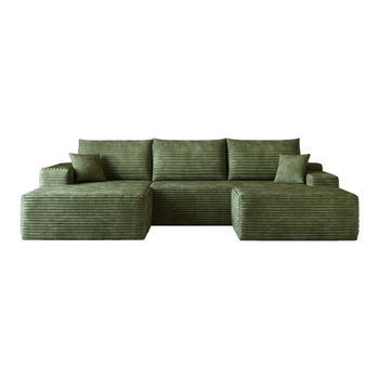 Sofá Esquinero Modular 270cm Y Sofá Chaise Longue En L Verde, Asiento Profundo, Pana A Rayas