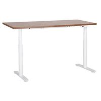 escritorio de altura regulable electrico diseno moderno patas redondas 160 x 72 cm tablero madera oscura soporte de acero blanco destinas