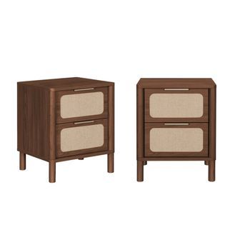 Mesita De Noche Vintage Decorada Con Madera Y Rejilla 2 Cajones, Set