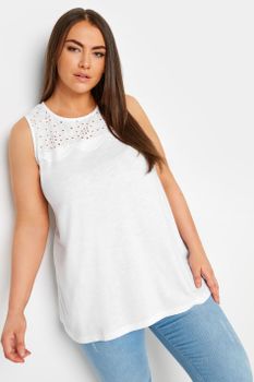 Yours Top Sin Mangas Blanco Canesú Con Bordados, Mujer Curvy Y Tallas Grandes, Yours