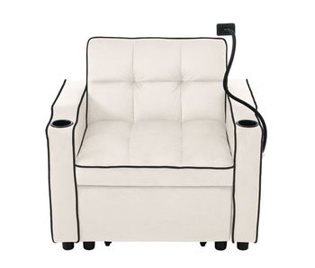 Sillón retráctil de terciopelo - con portavasos + soporte para teléfono móvil - beige