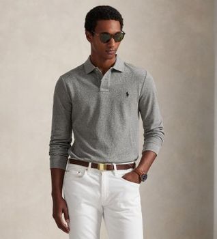 Polo Ralph Lauren para hombre. 710681126003 Polo de piqué Slim Fit de manga larga gris (S), Casual, Algodón