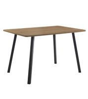 mesa de comedor con tapa en melamina en roble y patas metalicas negras