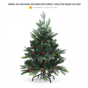 Arbol De Navidad Decorativo Con Bolitas Rojas Y Piñas 90cm 45leds